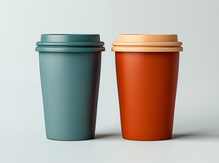 mockup featuring two coffee cups adorned with striped lids. combined with heavy shading, creates a visually striking composition use of paperの素材
