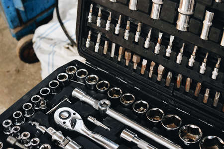 toolkit in a garageの写真素材