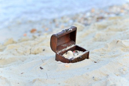 Treasure chests in the sand on the seashoreの写真素材