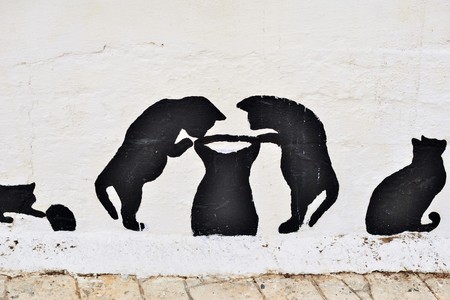 Greek cats painted on the wall of a fence. The feline friends are all over Greece just waiting to snap up a tid-bit under the taverna table or find a shady spot to snooze all day...its a cat's life...の写真素材