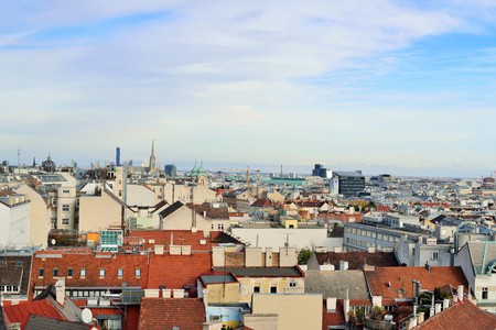 Aerial scenic panoramic view of Vienna seen from Haus des Meeres in Austriaの写真素材
