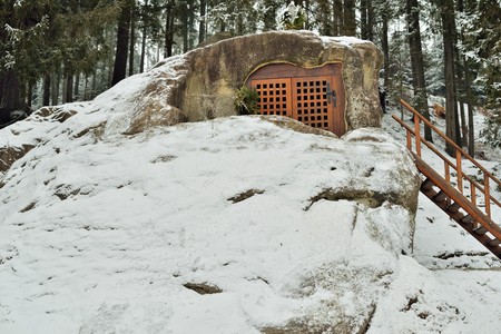Daniil's cave from 15th century. Daniil Sihastrul was a renowned Romanian Orthodox spiritual guide, advisor of Stephen the Great, and hegumen of VoroneÈ Monastery. He lived isolated in cave 20 years.の写真素材