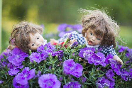 Two expressive dolls in flowers