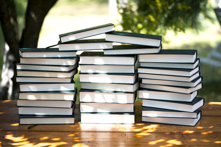 Many books one over the other in natureの写真素材
