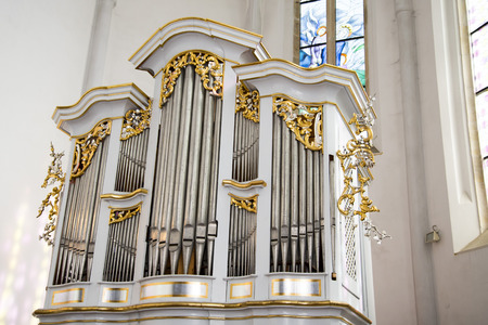 The pipe organ is a musical instrument that produces sound by driving pressurized air (called wind) through organ pipes selected via a keyboard.のeditorial素材