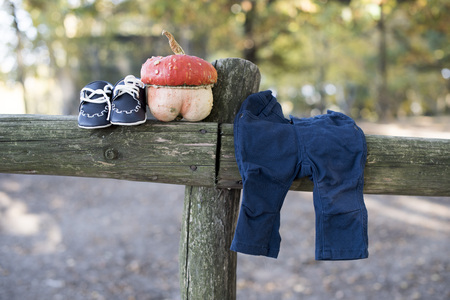 A small pumpkin and baby shoes on a fence at a maternity photosessionの写真素材