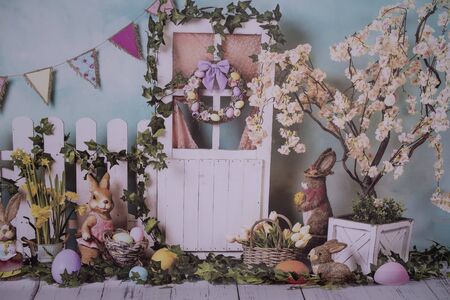 Decor for Easter photo shoots in a photo studioの写真素材