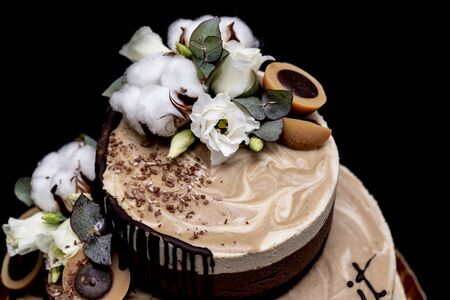 Raw vegan cake with chocolate, vanilla and peanut butter decorated with cotton, flowers and candy raw vegan toffeeの写真素材