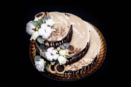 Raw vegan cake with chocolate, vanilla and peanut butter decorated with cotton, flowers and candy raw vegan toffeeの写真素材