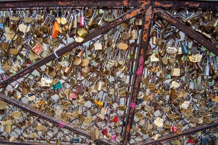 Love locks on the bridge in London.の写真素材