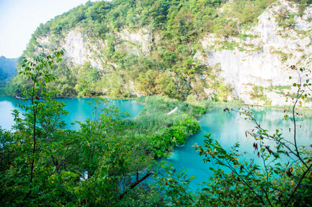 Beautiful turquoise water of Plitvice Lakes National Park, Croatiaの写真素材