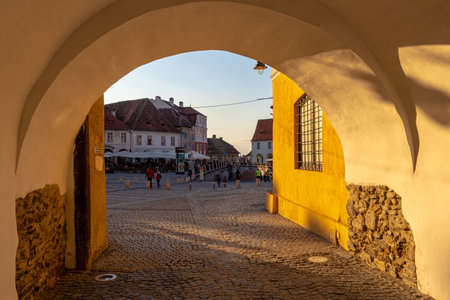 30.03.2021 Sibiu, Romania. Historic city center of Sibiu, restaurants and pubs.