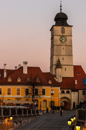30.03.2021 Sibiu, Romania. Historic city center of Sibiu with the main square and the Town Hall.のeditorial素材