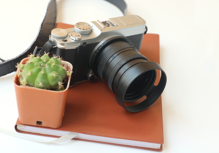 camera Cactus and note book.の写真素材