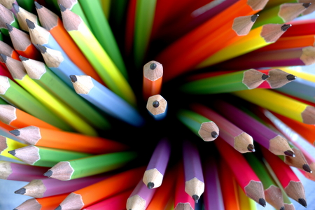 Over view on colored pencils. pencils in a pencil case.の写真素材