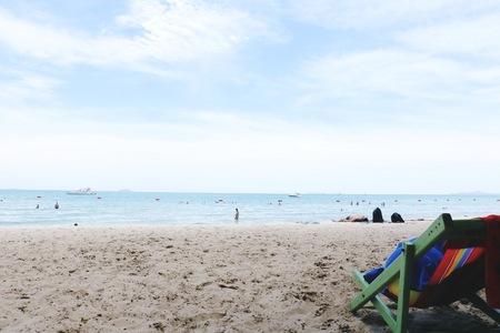 chair on beach. Beach chair on sea coast.のeditorial素材