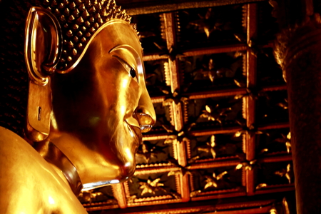Head of Buddha statue. Big Golden head part of Buddha statue in Thailand.の写真素材