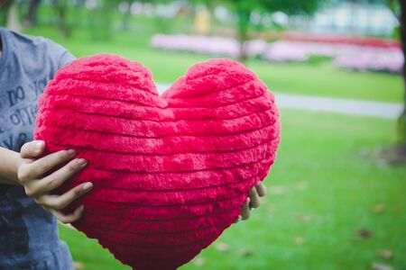 A woman hand  hold  red  heart toy . A young woman show red heart.の写真素材