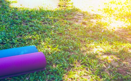 Yoga mat on grass background. Blue and purple Yoga mat in row. の写真素材