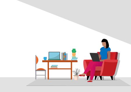 Flat design vector of  woman doing work at the laptop computer in office. She is sitting on a chair behind computer with picture,clock, lamp, Vector Graphic designer and workplace concept.のイラスト素材