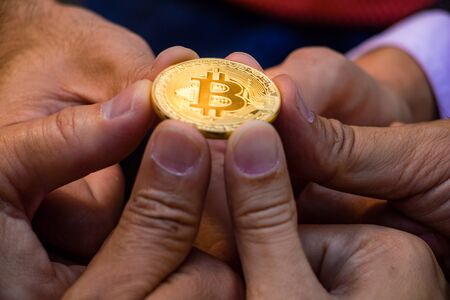 Many hand holding golden bitcoin coin.It is show symbol of unity and business related.money...