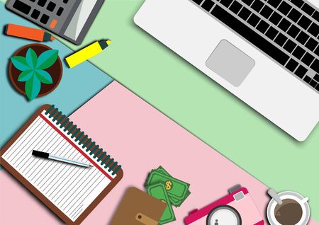 Top view modern work office with copy space.table with money,plant,coffee cup,smartphone, paper,notebook,pen and laptop copy space on background.Vector Workplace and flat lay design vector concept.の写真素材