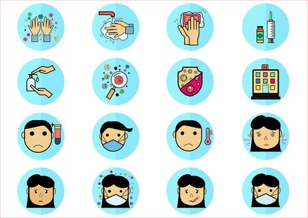 Set of hand washing icon.In closes such icons as cleaning,protect covic-19,hand dryer,soap,wipe,sanitary and more.Vector health and Prevent disease concept.のイラスト素材