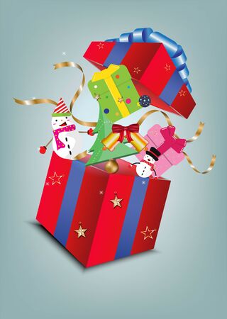 Top view open 3d gift box for Christmas and New Year's Day.Open red gift with snow man,ball,gold start, Christmas tree,blue ribbons.Vector concept celebrate and Christmas day.の写真素材
