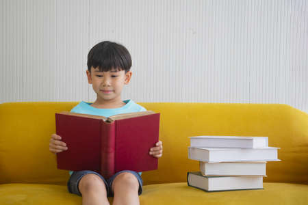 Portrait Asian cute boy.Child boy sitting and read red books.He is sitting  on Yellow sofa in room.lovely,nice, development.photo concept knowledge and  Kid portrait.の写真素材