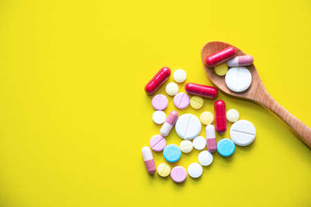 Close â up medicine on hand.A man holding  medicine.They are on pill background.Drug,remedy,hard drug,Photo Healthy lifestyle concept and good healthy.の写真素材