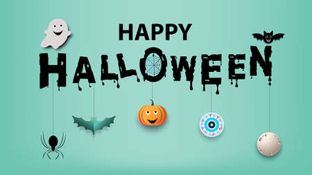 Halloween and full moon in the dark night.Dark castle on full Moon background.Ghost and flying bats, tomb,scary,decoration.Vector Halloween party decoration and flat style concept.の写真素材