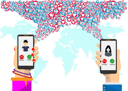 Social media connection concept. Hand holding mobile phone with map of the world.のイラスト素材