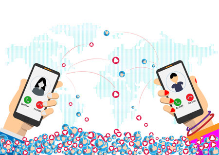 Social media marketing concept. Hand holding mobile phone with social network icons. Vector illustrationのイラスト素材