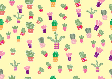 There are many cute cactus on the yellow background.Each cactus is on many style of pots. The pots are different colors and patterns,Vector seamless,desert plants,vector and illustration design.のイラスト素材