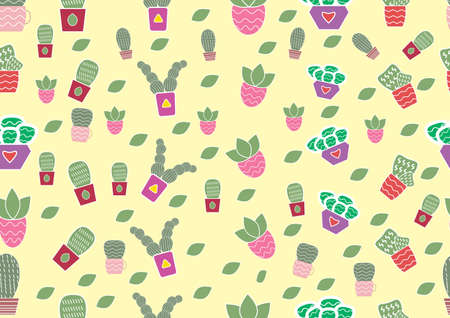 There are many cute cactus on the yellow background.Each cactus is on many style of pots. The pots are different colors and patterns,Vector seamless,desert plants,vector and illustration design.のイラスト素材