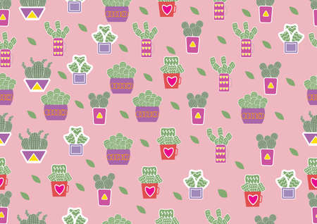 There are many cute cactus on the yellow background.Each cactus is on many style of pots. The pots are different colors and patterns,Vector seamless,desert plants,vector and illustration design.のイラスト素材