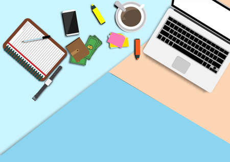 Top view modern work office with copy space.table with money,plant,coffee cup,smartphone, paper,notebook,pen and laptop copy space on background.Vector Workplace and flat lay design vector concept.のイラスト素材