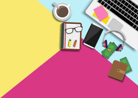 Top view modern work office with copy space.table with money,plant,coffee cup,smartphone, paper,notebook,pen and laptop copy space on background.Vector Workplace and flat lay design vector concept.のイラスト素材