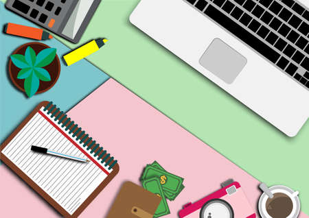 Top view modern work office with copy space.table with money,plant,coffee cup,smartphone, paper,notebook,pen and laptop copy space on background.Vector Workplace and flat lay design vector concept.の写真素材