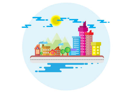Town and sky illustration in flat.Modern building and sky with Clouds on  background.Home , town,tree, Photo city and Vector illustration concept idea.のイラスト素材