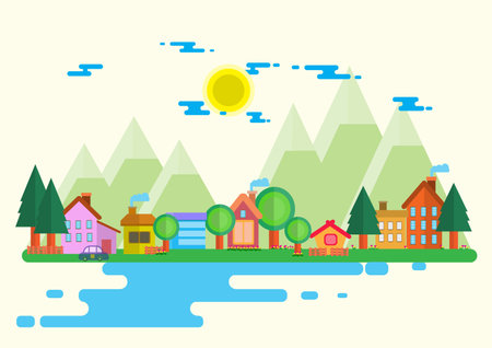 Town and sky illustration in flat.Modern building and sky with Clouds on  background.Home , town,tree, Photo city and Vector illustration concept idea.のイラスト素材