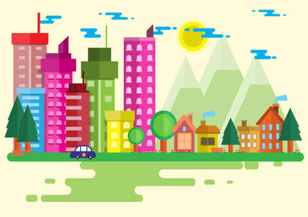 Town and sky illustration in flat.Modern building and sky with Clouds on  background.Home , town,tree, Photo city and Vector illustration concept idea.のイラスト素材