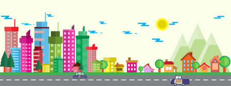 Town and sky illustration in flat.Modern building and sky with Clouds on  background.Home , town,tree, Photo city and Vector illustration concept idea.のイラスト素材