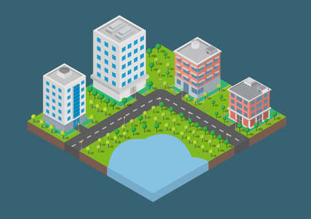 Isometric Building vector. They are  on Yard with road and trees.smart city and public park.building 3d,cars,capital , Vector office and metropolis concept.のイラスト素材