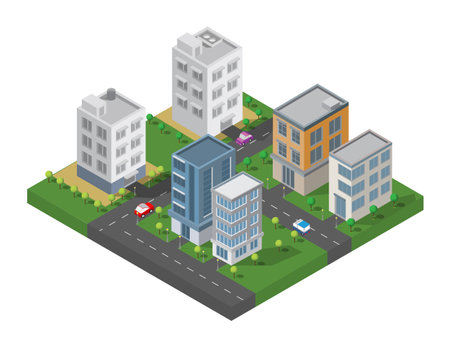 Isometric Building vector. They are  on Yard with road and trees.smart city and public park.building 3d,cars,capital , Vector office and metropolis concept.のイラスト素材