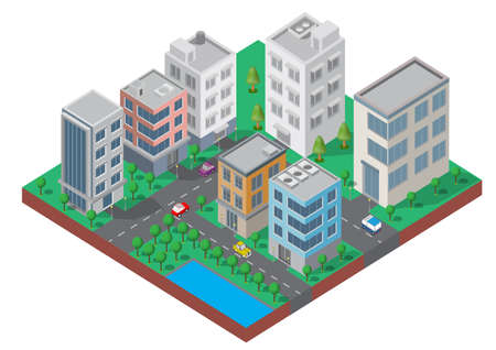 Isometric Building vector. They are  on Yard with road and trees.smart city and public park.building 3d,cars,capital , Vector office and metropolis concept.のイラスト素材