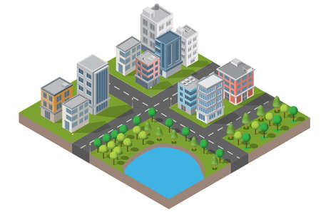 Isometric Building vector. They are  on Yard with road and trees.smart city and public park.building 3d,cars,capital , Vector office and metropolis concept.のイラスト素材
