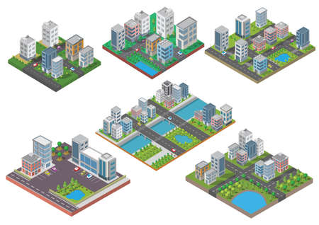 Set Isometric Building vector.They are  on Yard,river with road. building 3d,smart city,Vector office and town apartment concept.のイラスト素材