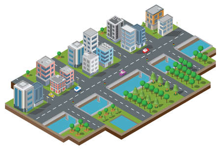 Isometric Building vector. They are  on Yard with road and trees.smart city and public park.building 3d,cars,capital , Vector office and metropolis concept.のイラスト素材