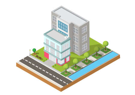 Isometric Building vector. Two building on Yard with road. building 3d , smart city, Vector office and town apartment concept.のイラスト素材